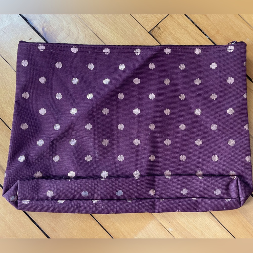 Thirty One Large Zipper Pouch in a Wine color with gold polka dots